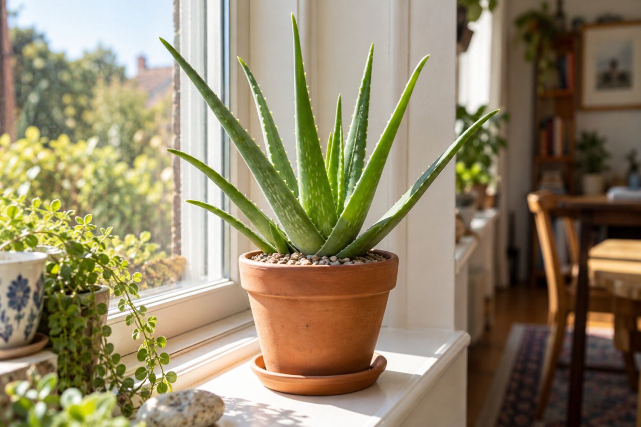 An aloe vera in a terracotta pot on a bright windowsill