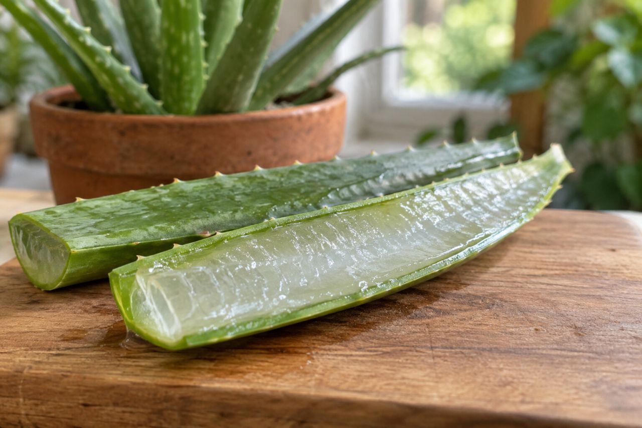 A cut aloe vera leaf opened to show the clear gel inside