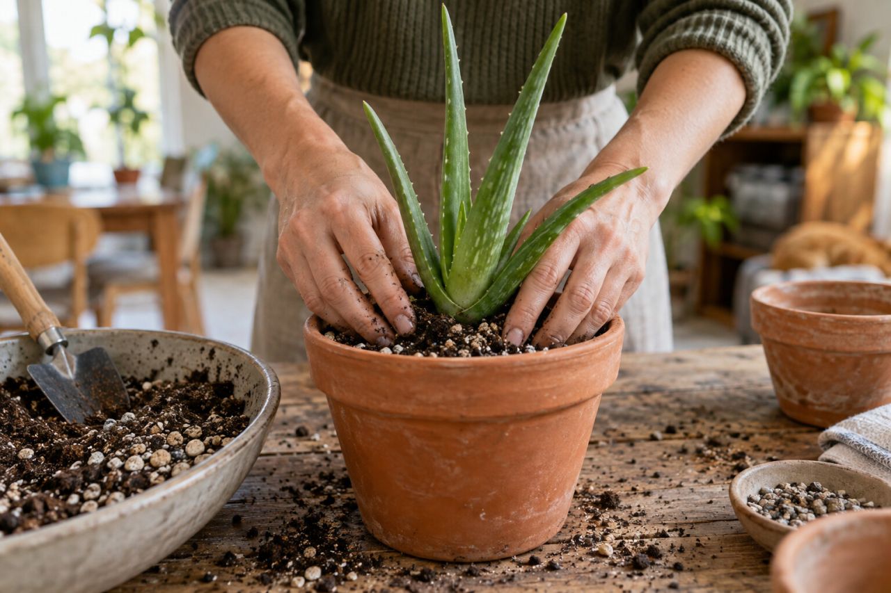 Hands potting an aloe vera into a terracotta pot of gritty compost