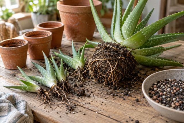 Aloe vera pups separated from the parent plant, ready to pot