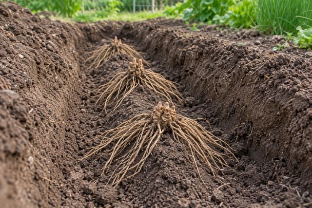 Asparagus crowns spread over a ridge in a trench