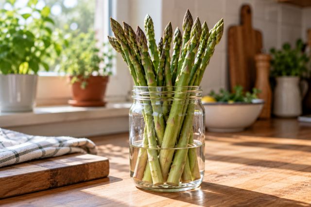 A bunch of asparagus spears standing upright in water