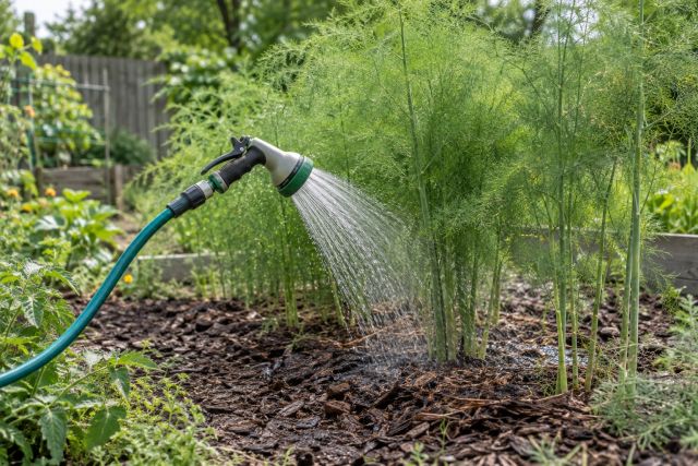 Watering an asparagus bed with a hose