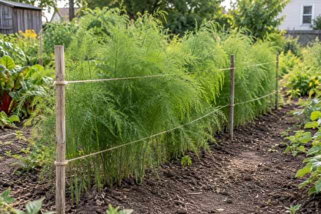 Tall feathery asparagus ferns held up by stakes and twine