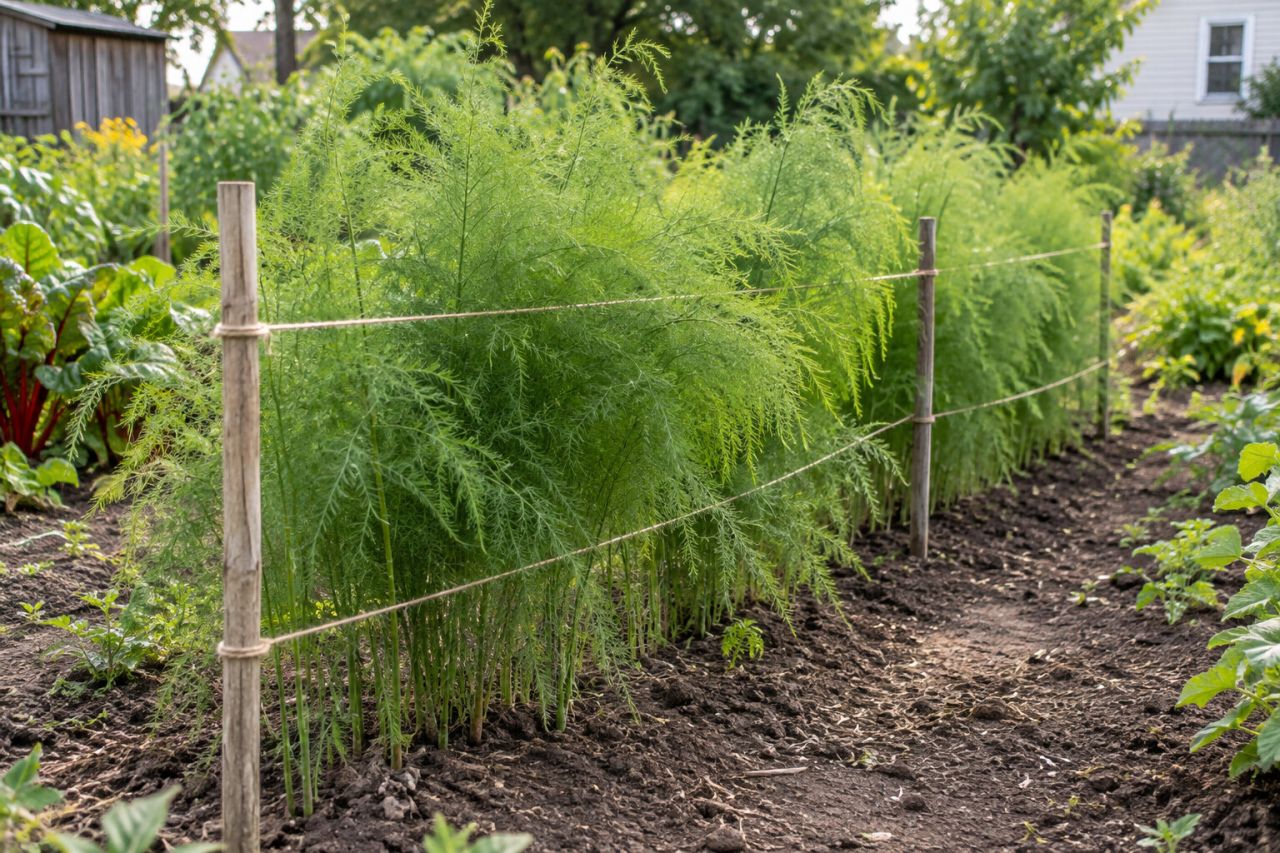 Tall feathery asparagus ferns held up by stakes and twine