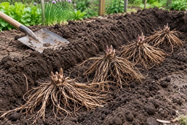 Asparagus crowns laid in a trench in a prepared bed