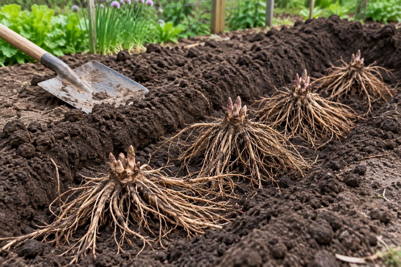 Asparagus crowns laid in a trench in a prepared bed