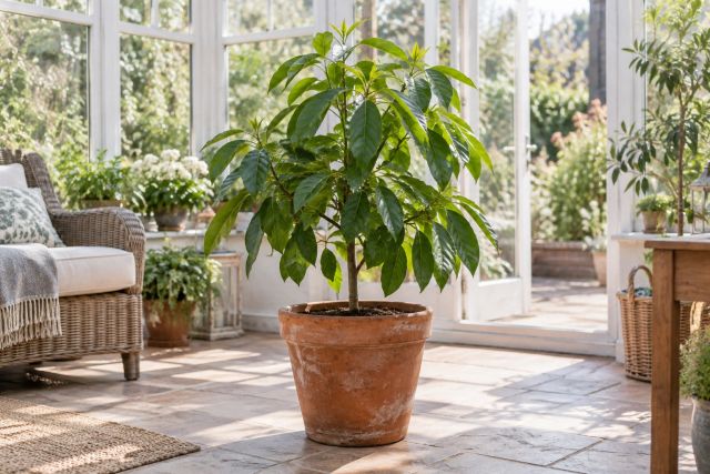 A young avocado tree in a large pot