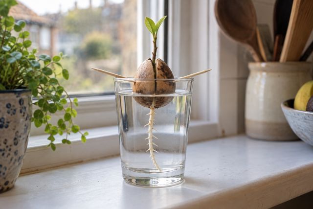 An avocado stone held over a glass of water by toothpicks, with roots