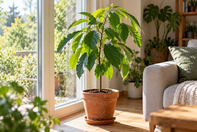 An avocado plant beside a bright window