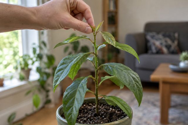 Pinching the tip of a young avocado plant