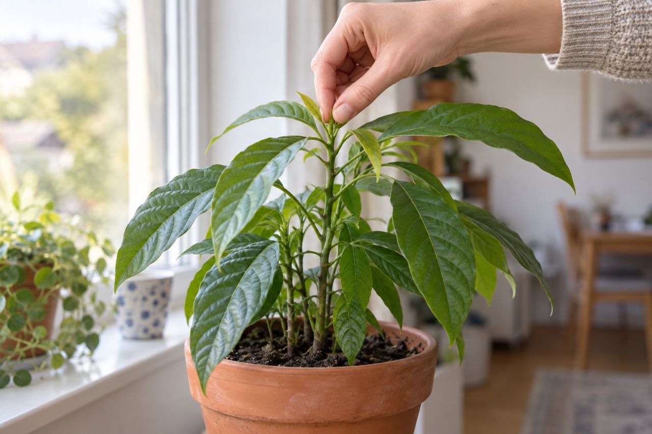 Fingers pinching out the tip of a young potted avocado plant