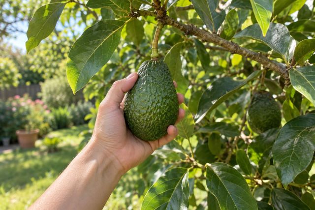 A hand picking a mature avocado from a tree
