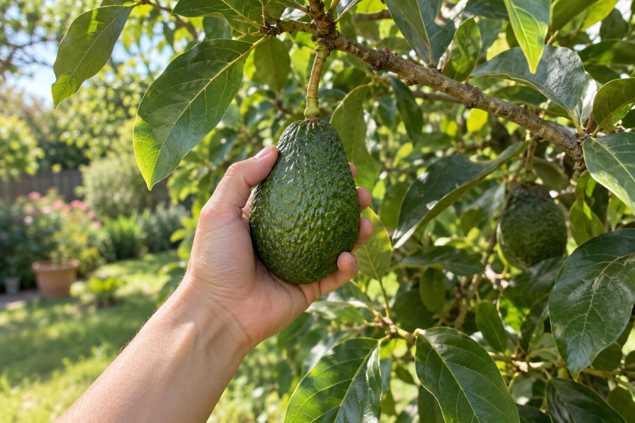A hand picking a mature avocado from a tree