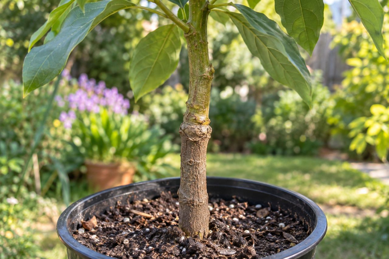 A young grafted avocado tree showing the graft union on its stem