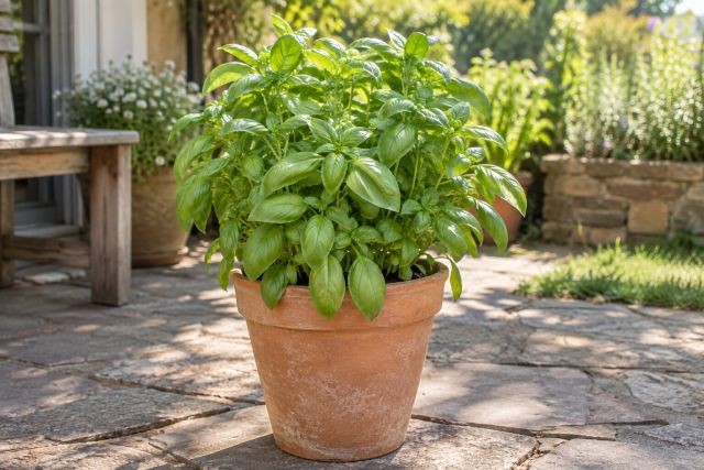 Bushy basil in a terracotta pot on a sunny patio