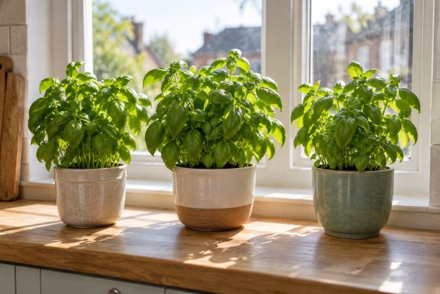 Pots of basil on a sunny kitchen windowsill