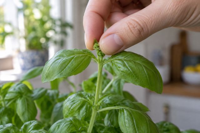 Pinching out a basil shoot just above a pair of leaves