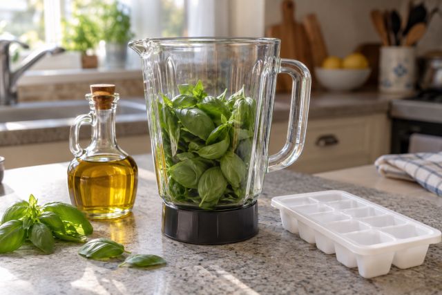 Basil leaves being blended with oil for freezing