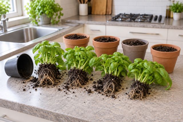 A supermarket pot of basil teased apart into small clumps