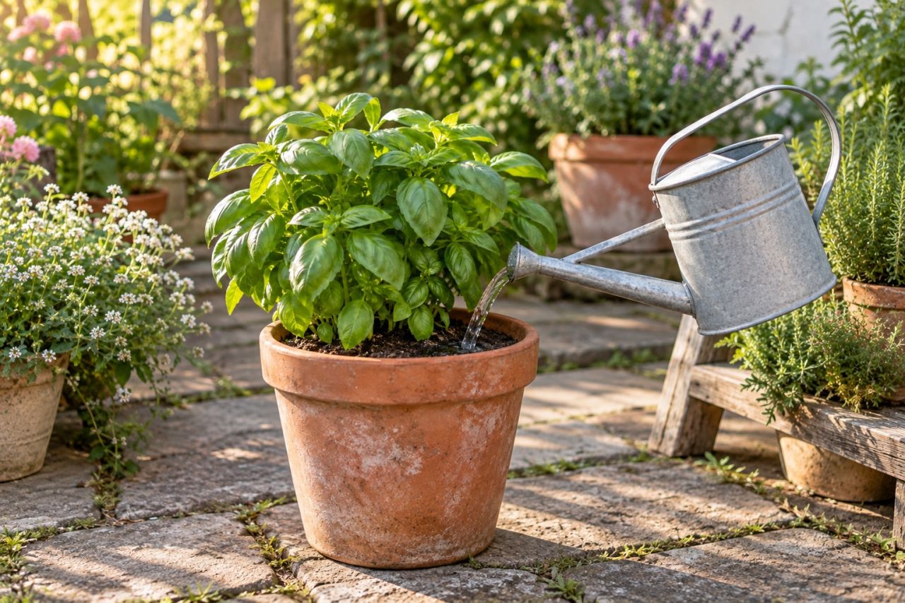 Watering basil at the base in the morning