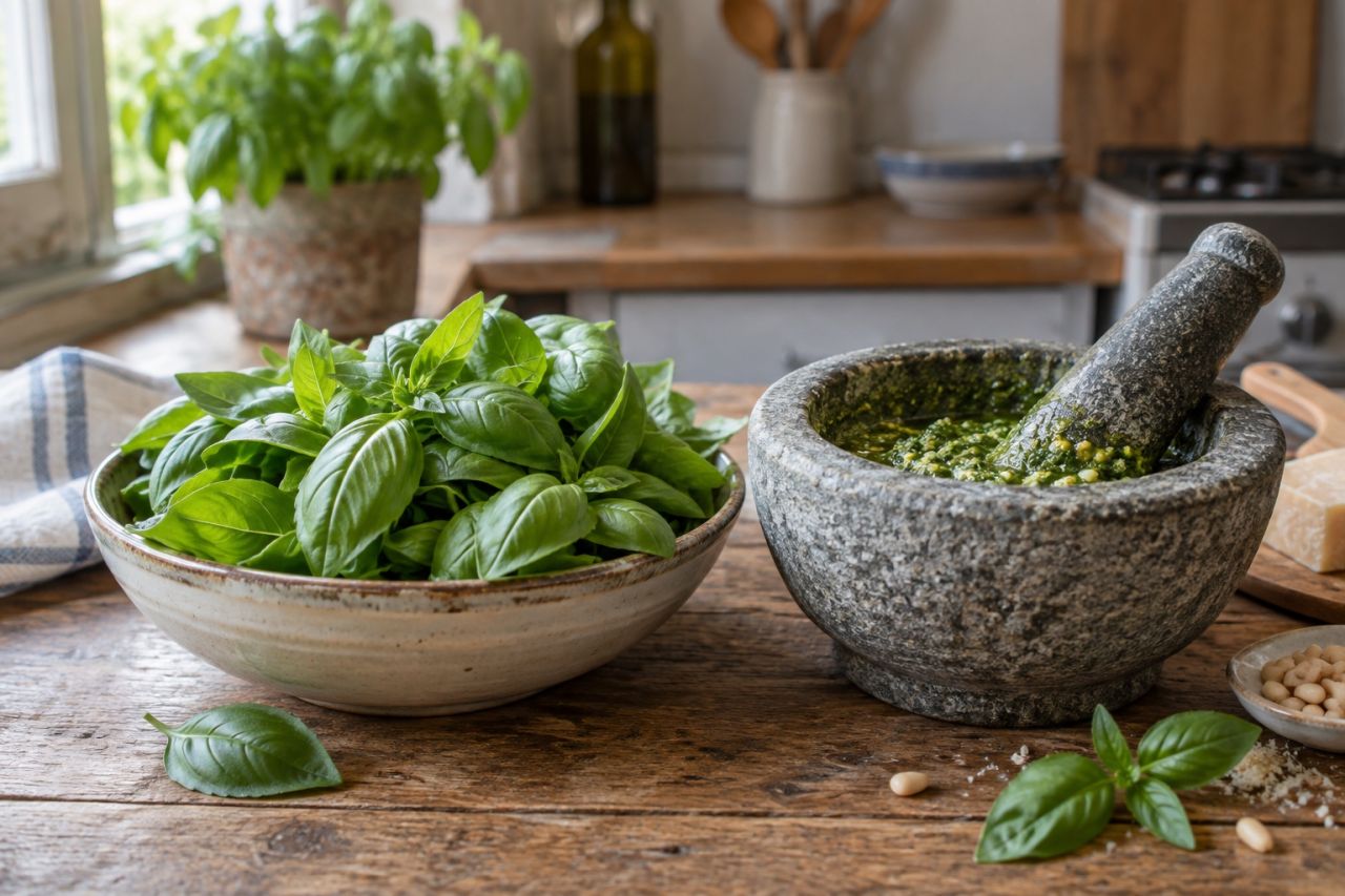 A bowl of freshly picked basil leaves beside a pestle and mortar