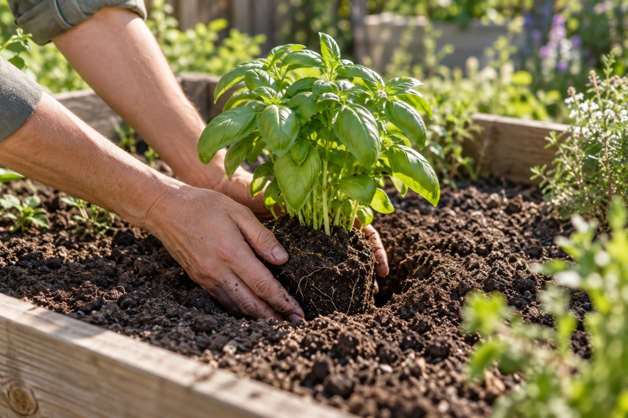 Young basil plants being planted into a sunny raised bed
