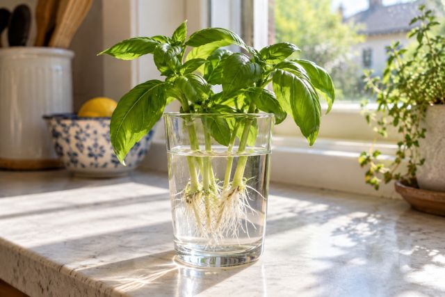 Basil cuttings rooting in a glass of water on a windowsill