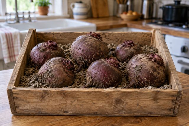 Beetroot with twisted-off tops in a box of sand