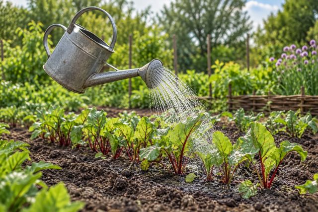 Watering a row of young beetroot