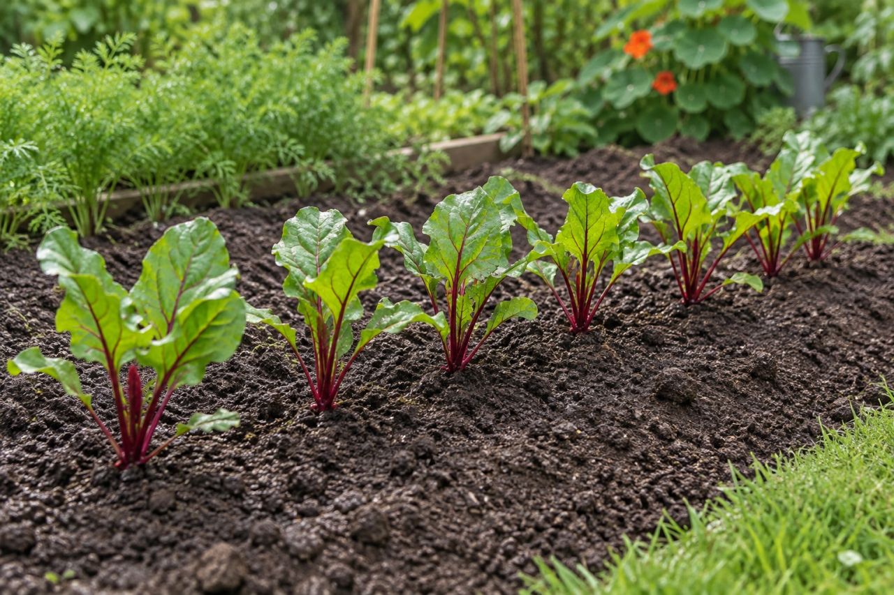 A row of young beet plants with red-veined leaves, thinned and weeded
