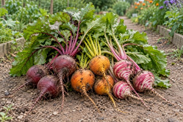Freshly pulled red, golden and striped beets with their leaves