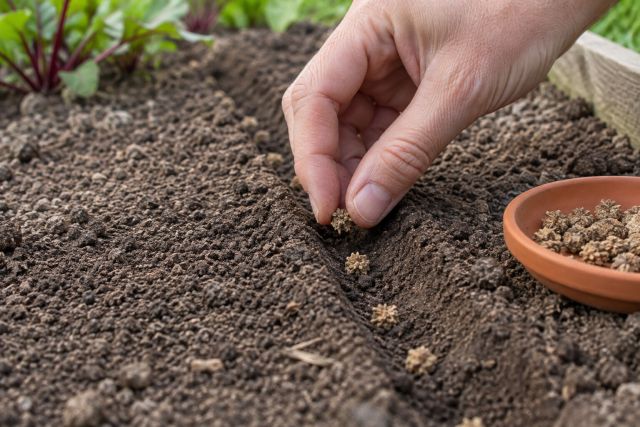 Hands sowing corky beet seed clusters along a drill