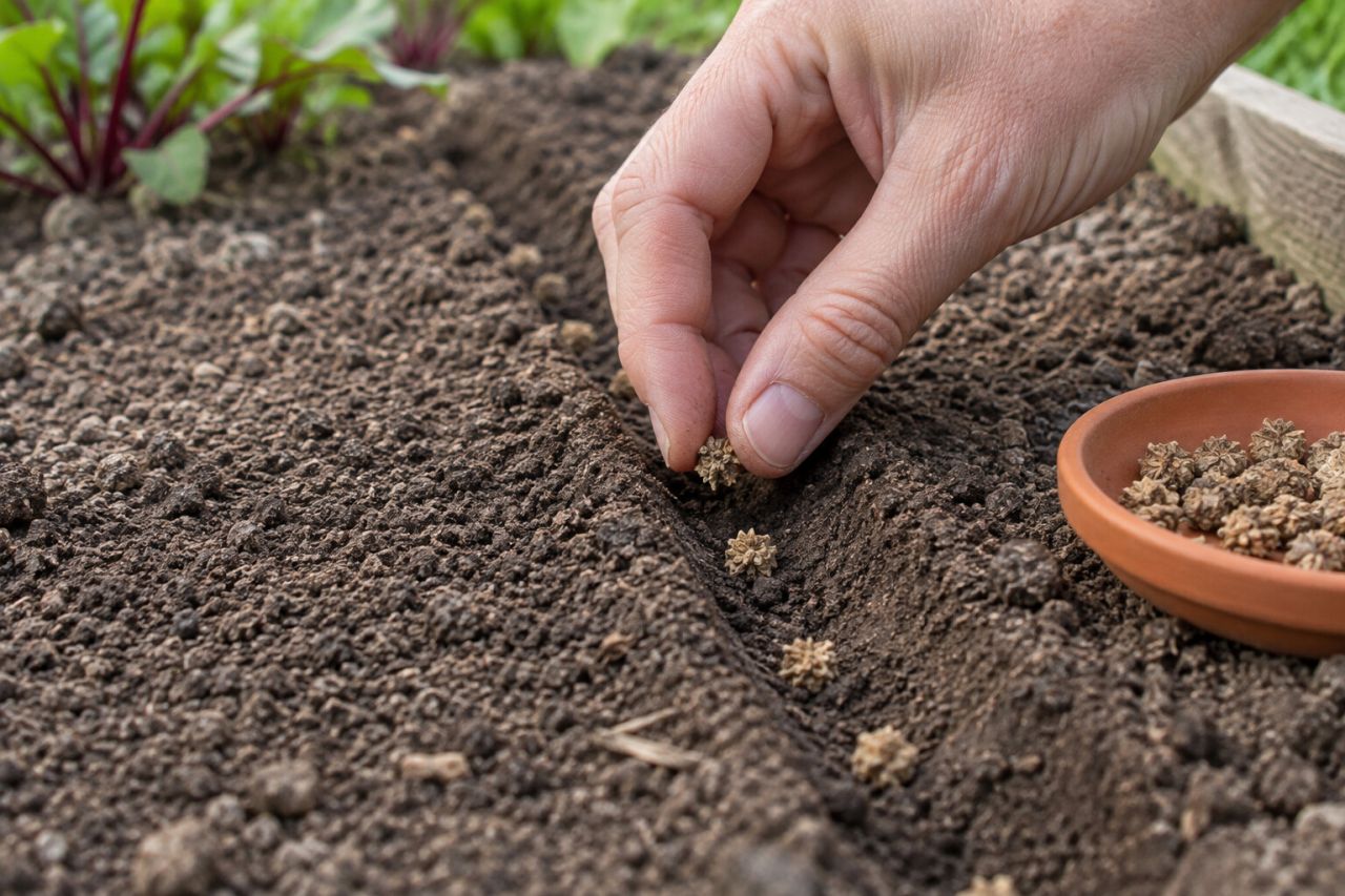 Hands sowing corky beet seed clusters along a drill