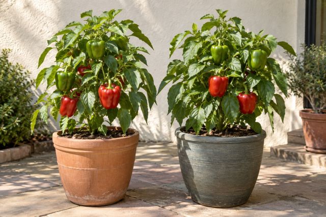 Bell pepper plants in large pots on a sunny patio