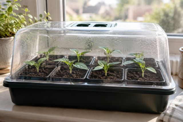 Pepper seedlings under a propagator lid
