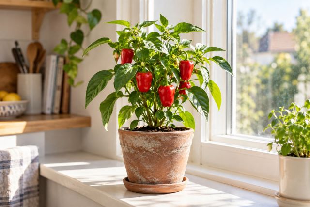 A compact pepper plant on a sunny windowsill