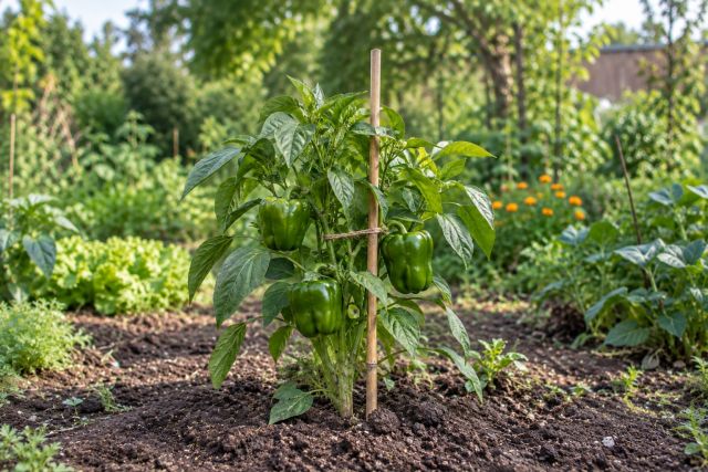 A pepper plant with green fruits tied to a cane