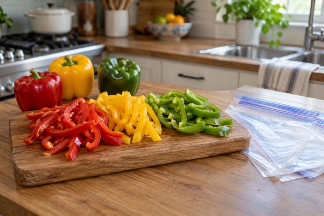 Sliced red, yellow and green peppers ready for freezing