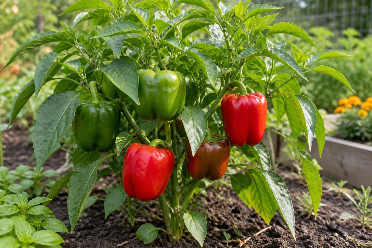 Bell peppers growing in a garden