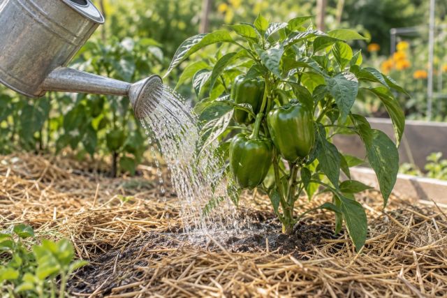 Watering a sweet pepper plant mulched with straw