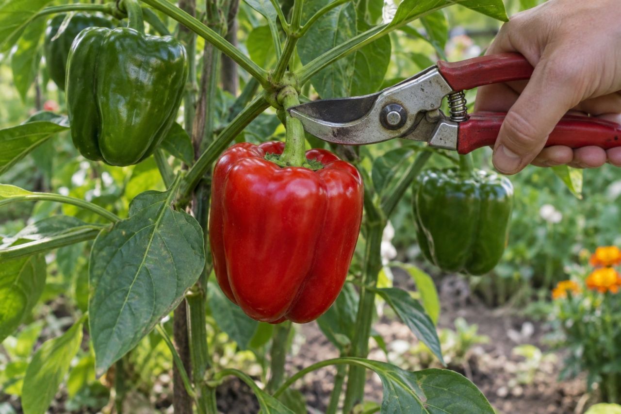 Secateurs cutting a ripe red bell pepper from the plant