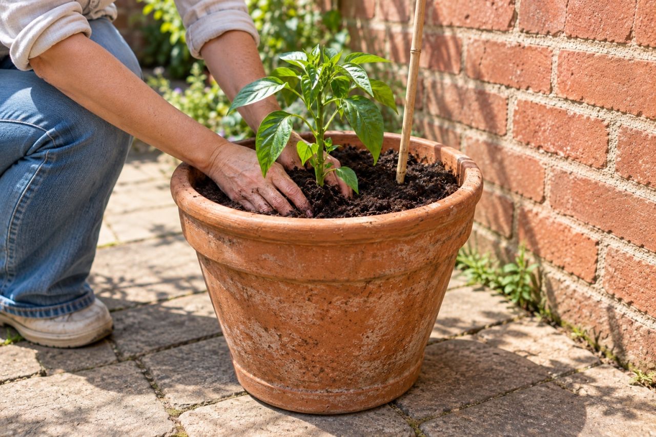 A young pepper plant being planted into a large pot beside a sunny wall