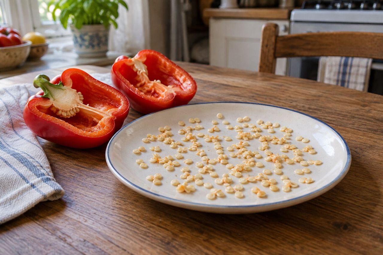 Seeds being scraped from a ripe red pepper onto a plate to dry