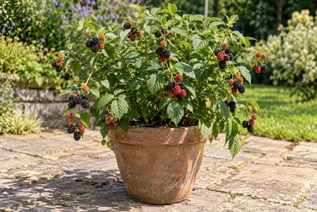 A compact thornless blackberry in a large pot
