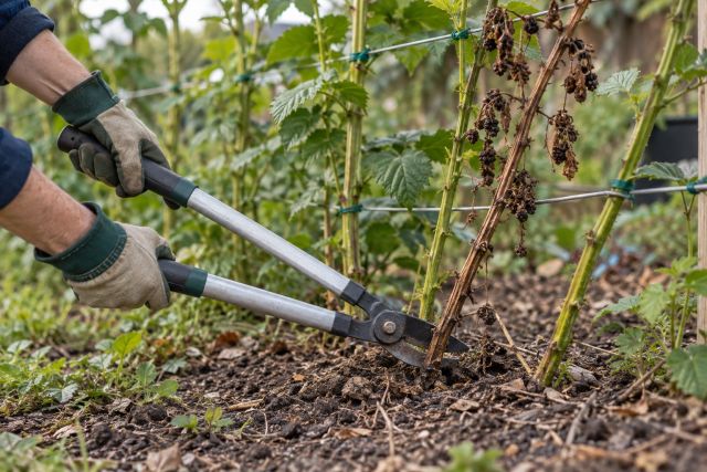 Cutting out fruited blackberry canes at ground level