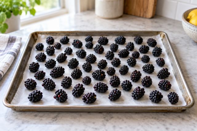 Blackberries frozen on a tray