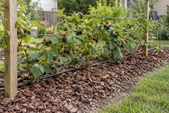 Mulched blackberry row with a drip line