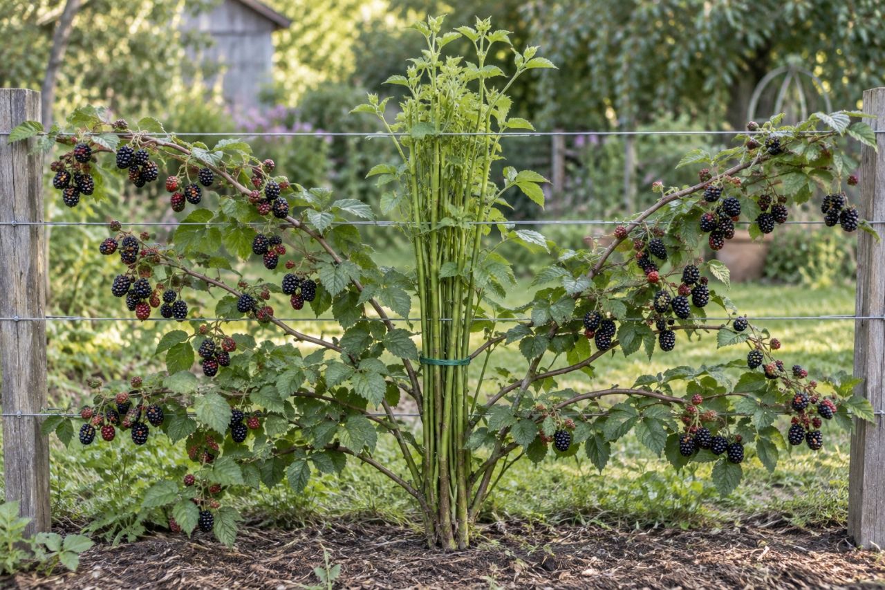Blackberry canes tied in along horizontal wires, with new canes bundled in the middle