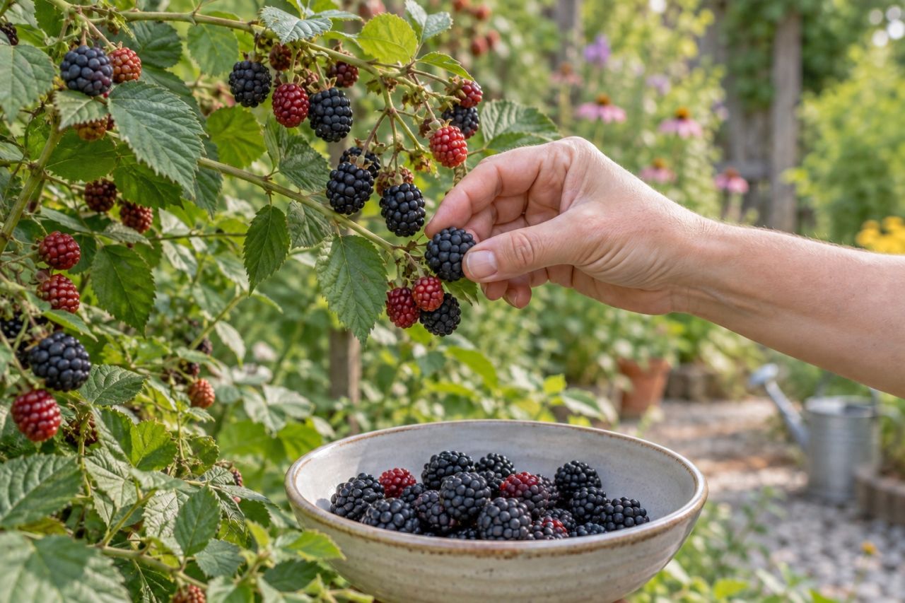 A hand picking ripe, dull-black blackberries into a shallow bowl